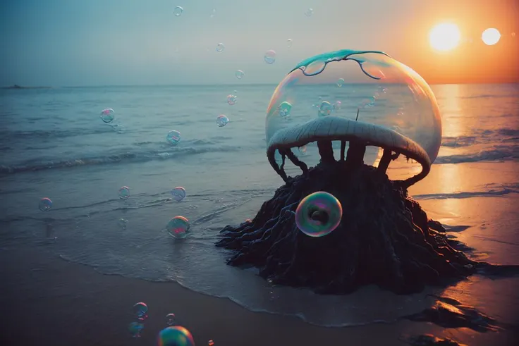 arafed jellyfish in a bubble filled bubble sitting on a beach