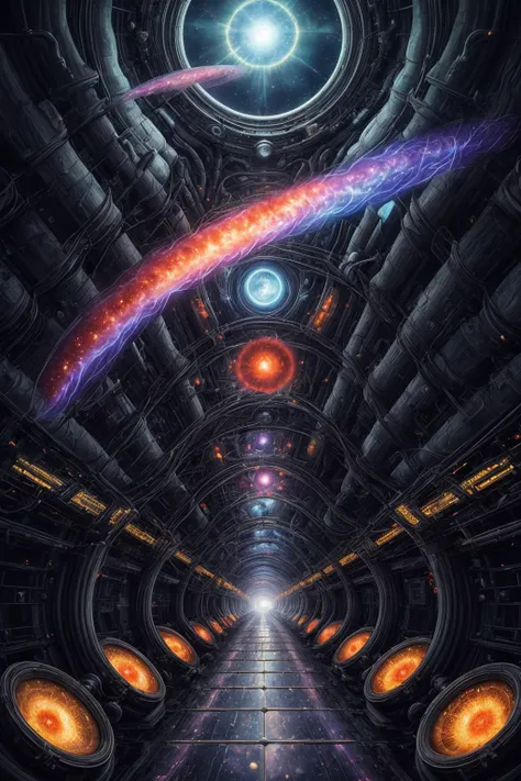 a painting of a futuristic space station with a tunnel and a star