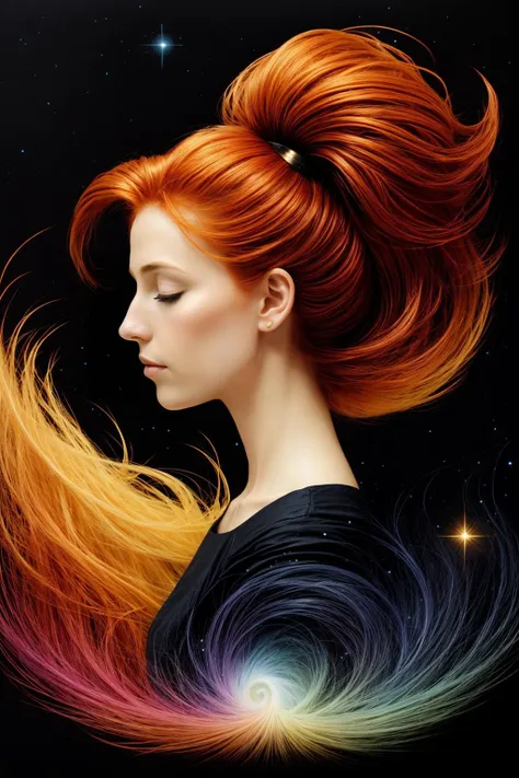 a woman with long red hair and a star in the background