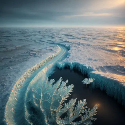 arafed view of a frozen lake with ice and snow on the ground