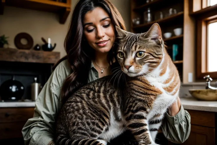 araffe and a woman holding a cat in a kitchen