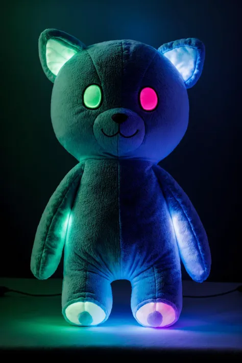 a close up of a teddy bear with glowing eyes and glowing ears