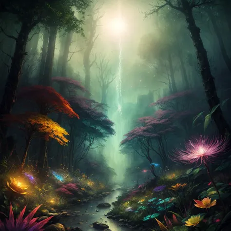 a painting of a stream running through a forest with flowers