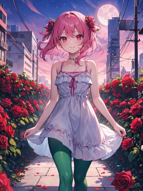 anime girl in a dress and tights walking down a sidewalk