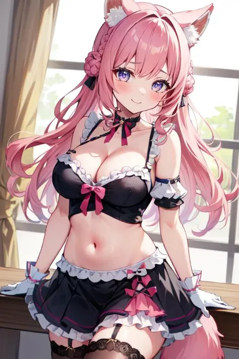 1girl,vtuber,(virtual youtuber:1.4) ,cowboy shot,indoor,(arms at sides:1.2),voluptuous,looking at viewer ,(virtual_youtuber),,sexy,nsfw,hololive,idol,1girl, blush,breasts,(cleavage breast slip:),collarbone, looking at viewer,   virtual youtuber,frilled und...