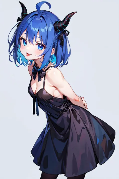 masterpiece, 1girl, best quality, :3, ahoge, black dress, black footwear, black ribbon, blue bow, blue eyes, dark blue hair, blue tongue, colored tongue, dress, horns, medium hair, open mouth, ribbon, cowboy shot, medium breasts, simple background, leaning...