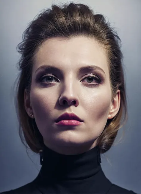 a close up of a woman with a black turtle neck top