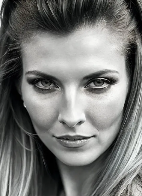 a close up of a woman with long hair and a black and white photo