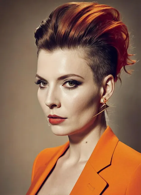 a close up of a woman with a red hair and a suit