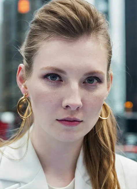 a close up of a woman with a white shirt and gold earrings