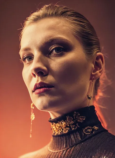 a close up of a woman with a necklace and earrings