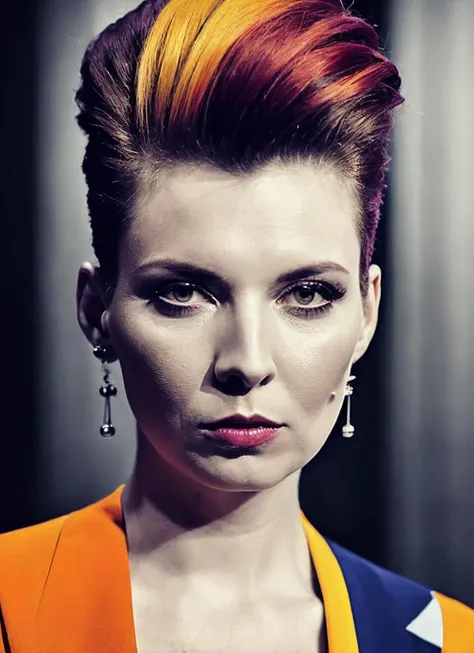 a close up of a woman with a colorful hair and earrings