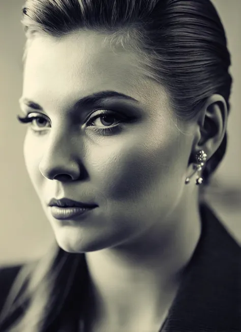 a close up of a woman with a black jacket and earrings