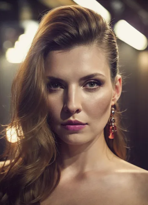 a close up of a woman with long hair and earrings