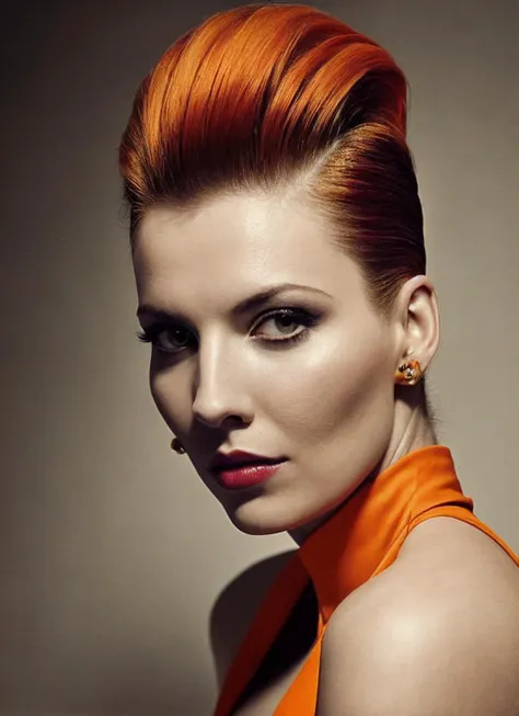 a close up of a woman with a bright orange hair