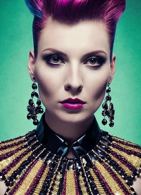 a close up of a woman with a colorful hair and a necklace