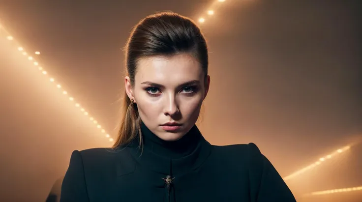 a woman in a black jacket and a necklace standing in front of a light