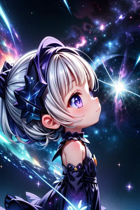 a girl with long hair and a ponytail is sitting in the middle of a galaxy