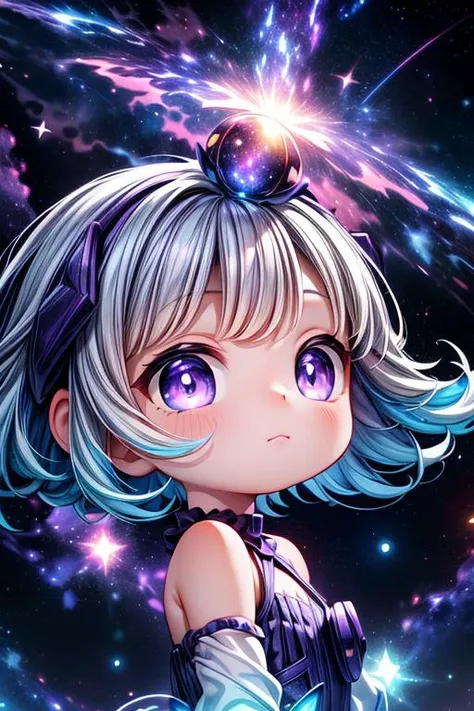 a girl with blue hair and purple eyes standing in front of a galaxy background