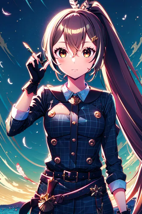 a woman in a uniform holding a gun and pointing at something