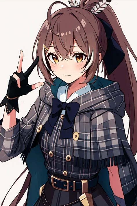 (masterpiece, best quality), intricate details, 
1girl,  <lora:mumei:0.8> nanashi mumei,cloak, ribbon, ponytail, very long hair, hairclip, feathers, knife, belt, partially fingerless gloves, 
 <lora:suiseicos_V2:0.8> cdy,