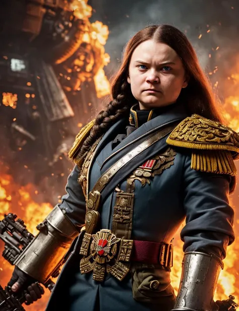 Commissar Greta Thunberg, Warhammer 40000, angry, sadistic, battle, fight, ((intricate details)), detailed eyes, hdr, ((intricate details, hyperdetailed)), cinematic shot, vignette