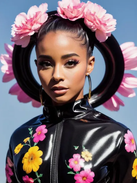 professional model shoot photo, black girl look like ariana grande (highly detailed:1.1), colourful latex  jacket, tokyo flowers...