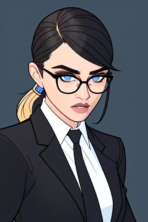 (masterpiece, best quality:1.2), <lora:tobingev3:.9>, tobinge, 1girl, solo, mole under mouth, blonde hair, necktie, ponytail, formal, suit, mole, blue eyes, shirt, glasses, collared shirt, long hair, white shirt, black necktie, nose, lips, parted lips, jac...