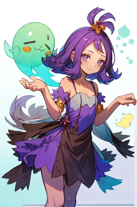 <lora:Acerola_Pokemon:0.8> acerola (pokemon), purple eyes, purple hair, topknot, flipped hair, collarbone, purple dress, sleeves, stitches,  multicolored dress, armlet,
smile, ghost pose, hands up,  leaning forward, straight-on,  <lora:NakayamaTooru:1> ske...