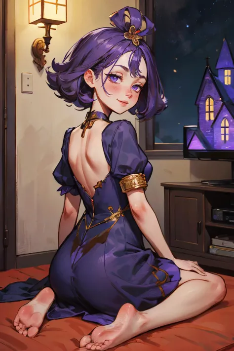 acerola, purple hair, purple eyes, topknot, purple dress, sleeves, stitches, multicolored dress, armlet, collarbone, feet, looking at viewer, smiling blush, sitting, wariza, from_behind, inside cozy living room, television, window, night time,  high qualit...