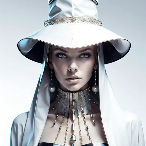 <lora:m0in:1> serious female with scifi fashion hat portrait wearing ornamented jewels suit in the style of m01n over white background