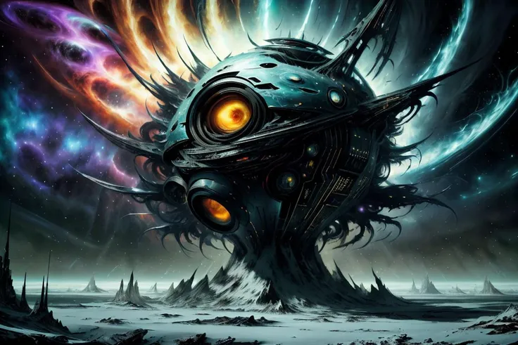 a large alien head with glowing eyes in the middle of a barren area