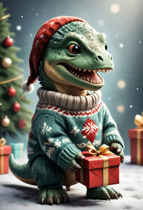 a close up of a dinosaur wearing a sweater and holding a present