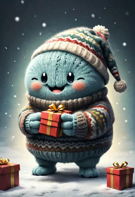 a blue monster in a knitted sweater holding a present