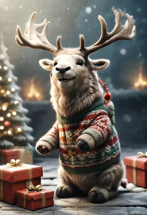 a deer with a sweater and presents in front of a christmas tree