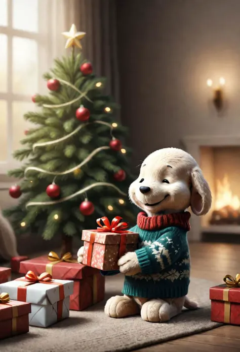 a close up of a stuffed animal holding a present near a christmas tree