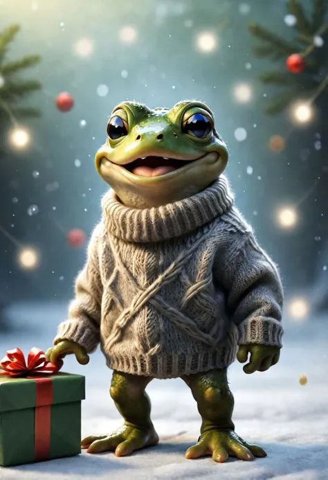 a frog in a sweater holding a present in front of a christmas tree