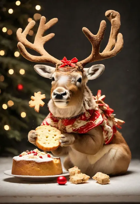 reindeer with a red scarf and a piece of cake