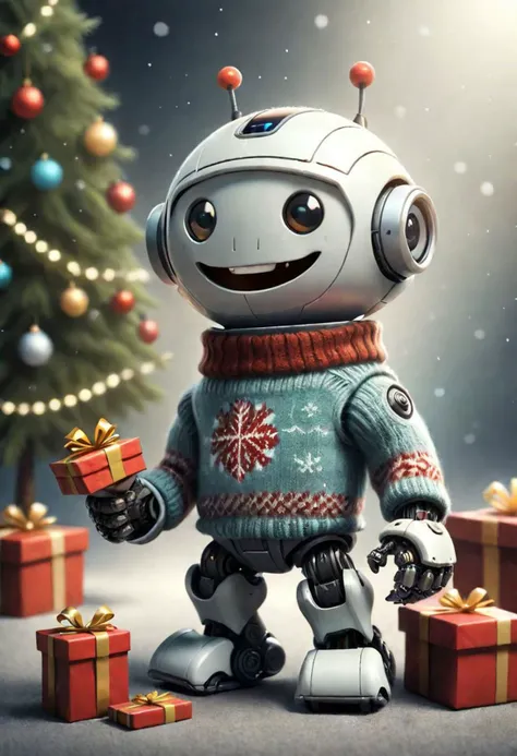 The little smiling robot with a sweater is happy to receive a gift