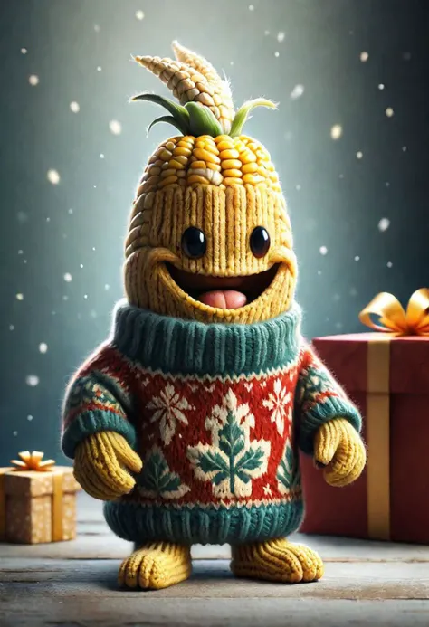 a close up of a stuffed animal wearing a sweater and mittens