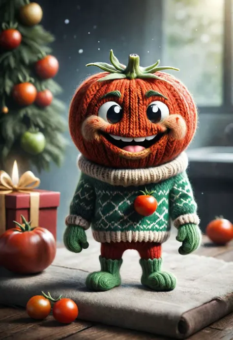 a close up of a stuffed tomato wearing a sweater and mittens