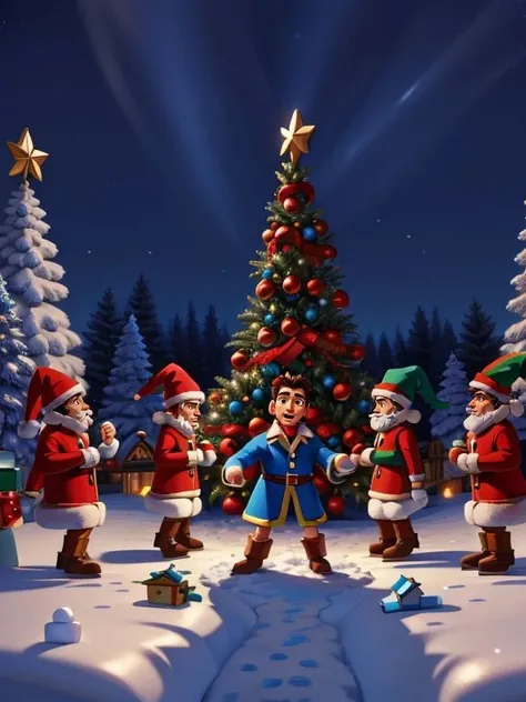 XmasTad, Elf Elvis Presley, Singing Blue Christmas at the North Pole, many elves watching and dancing,
