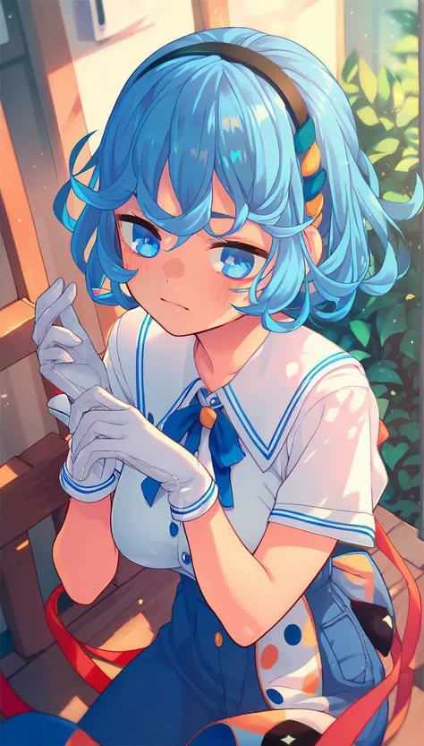 anime girl with blue hair and blue eyes sitting on a bench