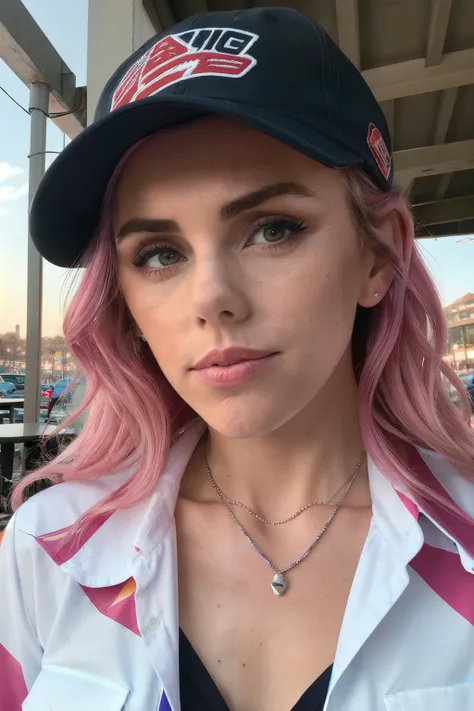 krisLuv1piercing eyes, looking straight, very happy,long hair, wearing a usa color pattern button up shirt, baseball hat, closeup portrait, in a outdoor cafe in 2015, afternoon light