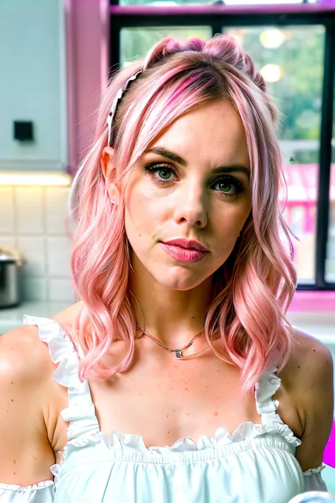 a photo of krisLuv1  wearing a milk maid dress, (bright pink milk maid dress), (bumper bangs hairstyle), (pink hair), (kitchen background), elegant, highly detailed. vibrant, photorealistic, realistic, sharp focus, 8k