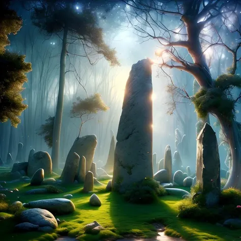 (masterpiece:1.2), (best quality,:1.2), 8k, HDR, ultra detailed, ((photorealistic)), professional light, cinematic lighting, fashion photography, ambient lighting, <lora:detail_slider_v4:2>, magical standing stones in a gloomy fantasy forest, moonlight, fe...