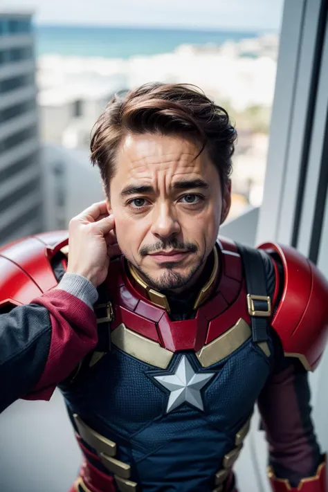 Highly detailed, High Quality, Masterpiece,face shot, (1boy):1.5,strong, PinchingPOV, pov, cheek pull, <lora:PinchingPOV:1>, upper body,, happy, ^_^, closed mouth, (robert downey jr.):1.5, one eye covered, hair over one eye,silly smile,smaller eyes,