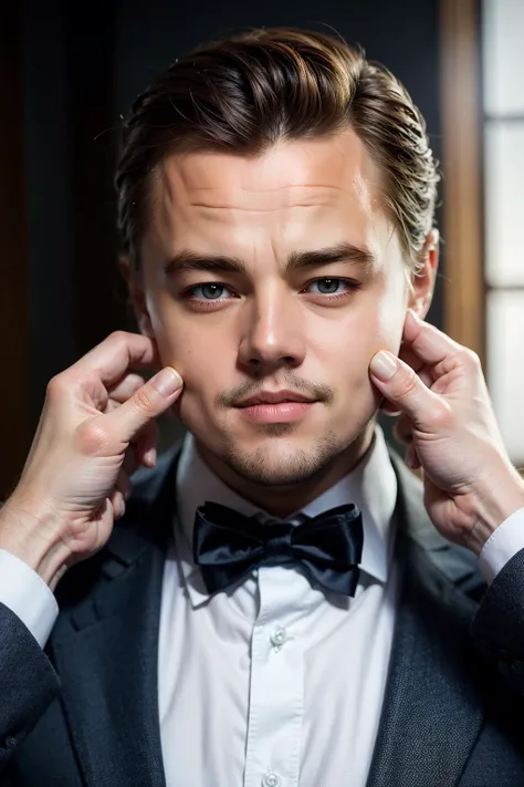 Highly detailed, High Quality, Masterpiece,face shot, (1boy):1.5,strong, PinchingPOV, pov, cheek pull, <lora:PinchingPOV:1>, upper body,, happy, ^_^, closed mouth, (leonardo dicaprio):1.5, one eye covered, hair over one eye,silly smile,smaller eyes,