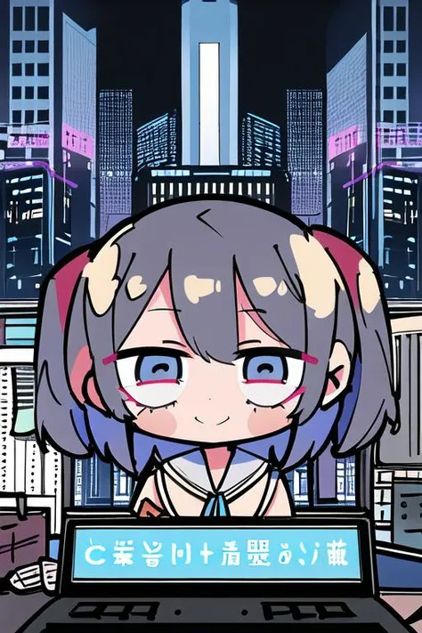 masterpiece, best quality, 1girl, solo, <lora:neurosamaV2:0.8>, smile, school uniform, computer, cyberpunk, cityscape, skyscraper,<lora:teradatera:1>, chibi