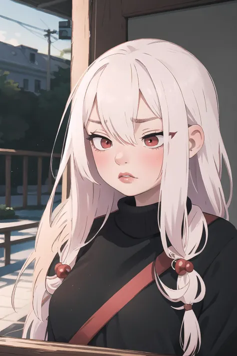 best quality, masterpiece, 1girl, white long hair, Black sweater,nervous,(tired),sleepy,light frown,(bags under eyes), red eyes,pale skin,red lips, (portrait:1.1), (looking down:1.3)